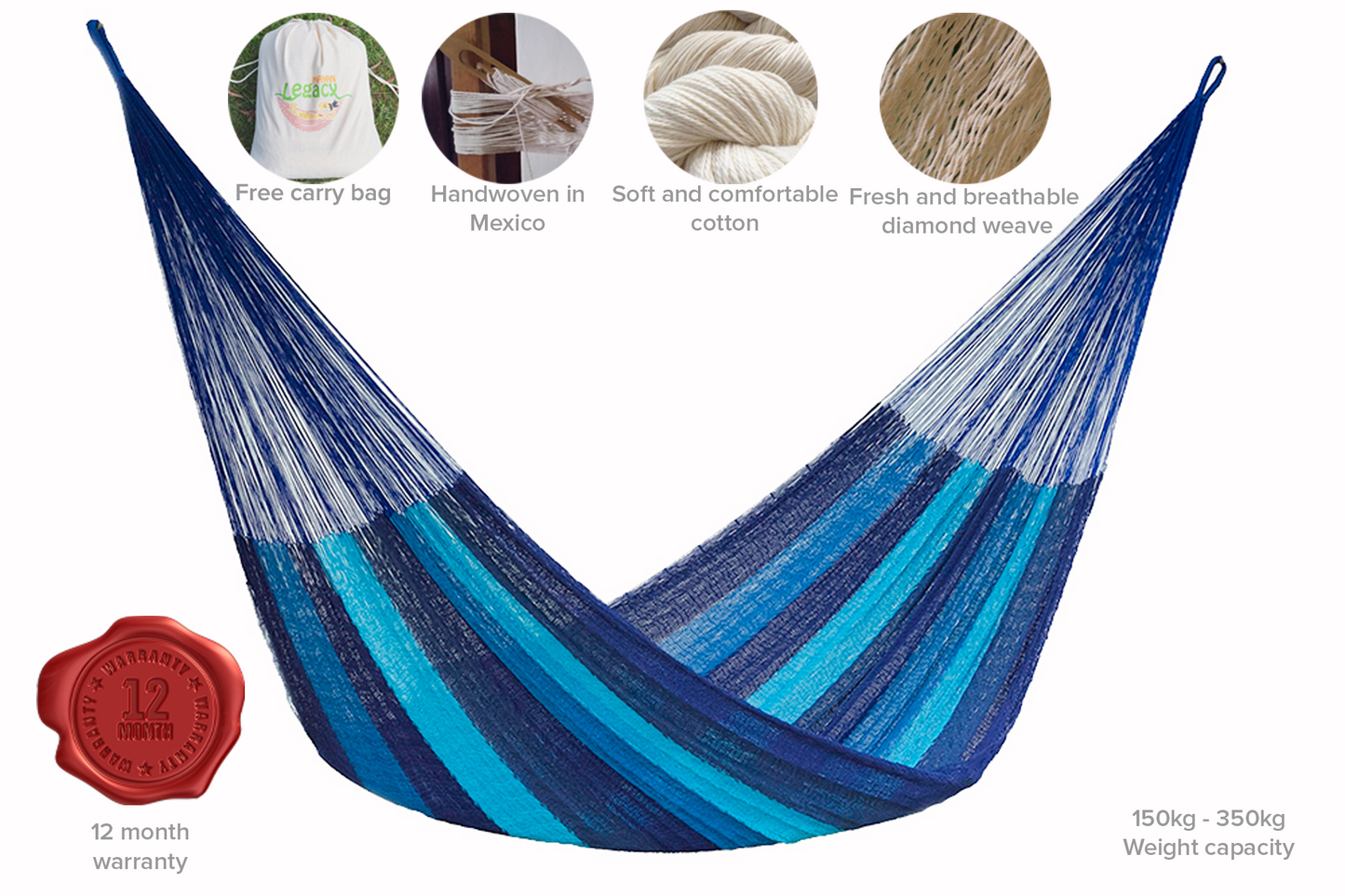 Mayan Legacy Mexican Cotton Hammock - Caribean Blue