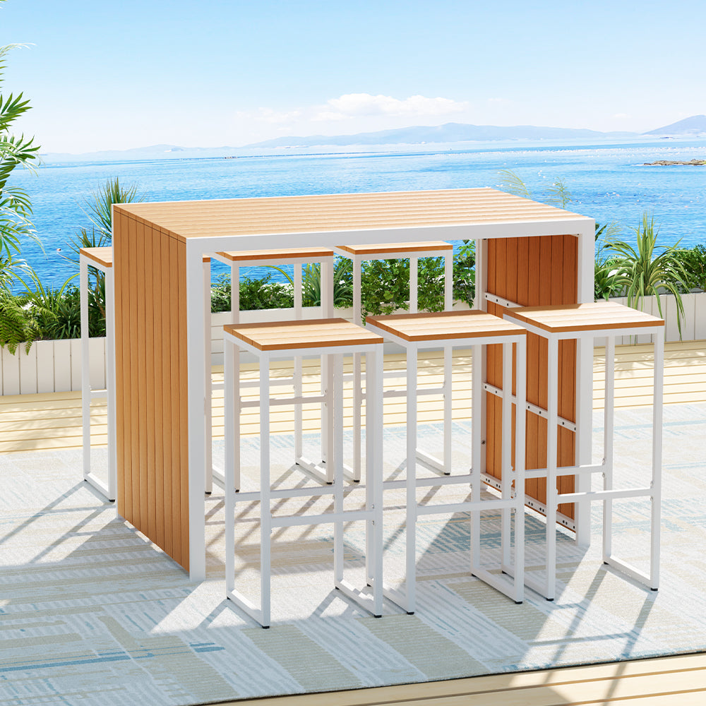 Gardeon 7pc 6 Seater Outdoor Bar Table & Chairs Set - Natural Oak