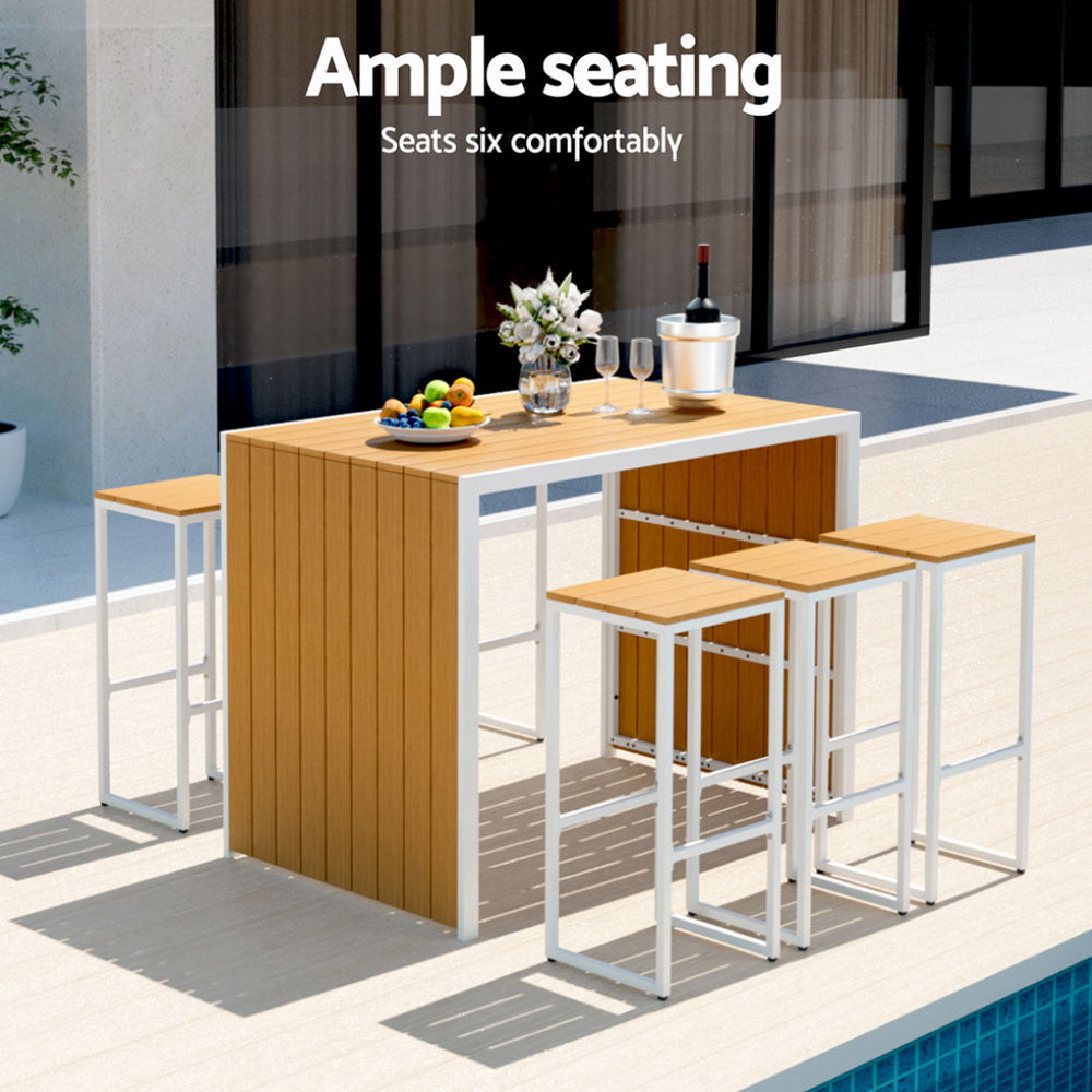 Gardeon 7pc 6 Seater Outdoor Bar Table & Chairs Set - Natural Oak