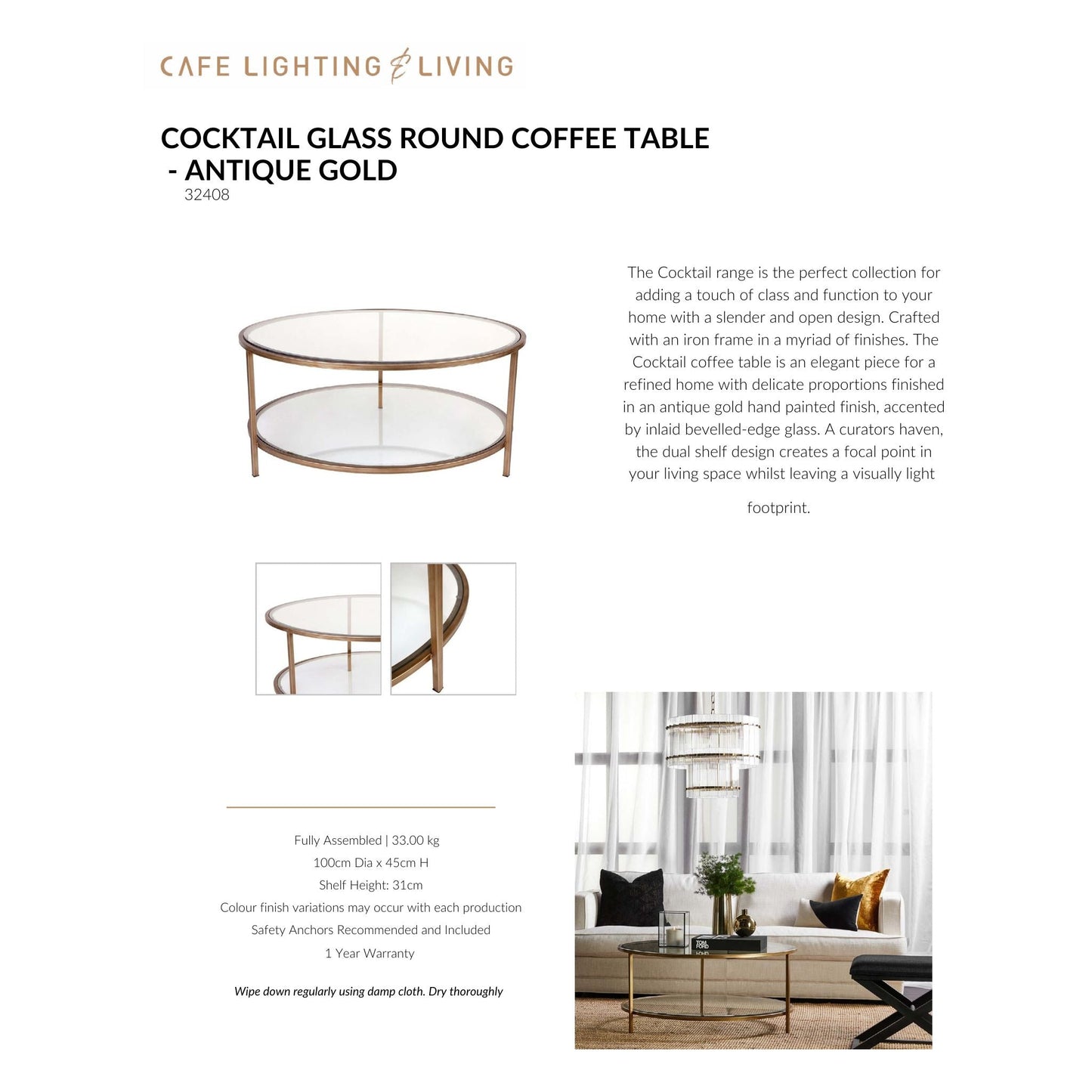 Cocktail Glass Round Coffee Table - Antique Gold Coffee Table Cafe Lighting & Living