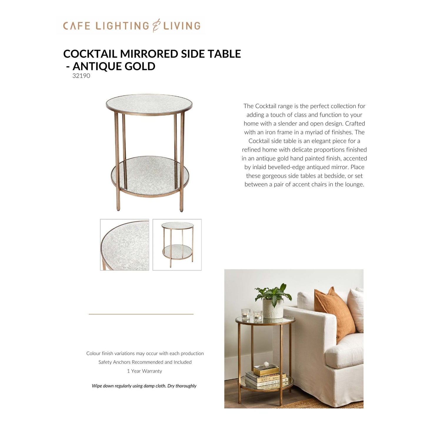 Cocktail Mirrored Side Table - Antique Gold Side Table Cafe Lighting & Living