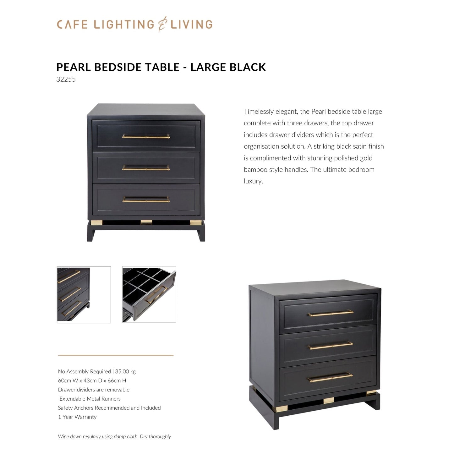 Pearl Large Three Drawer Bedside Table Bedside Table Cafe Lighting & Living