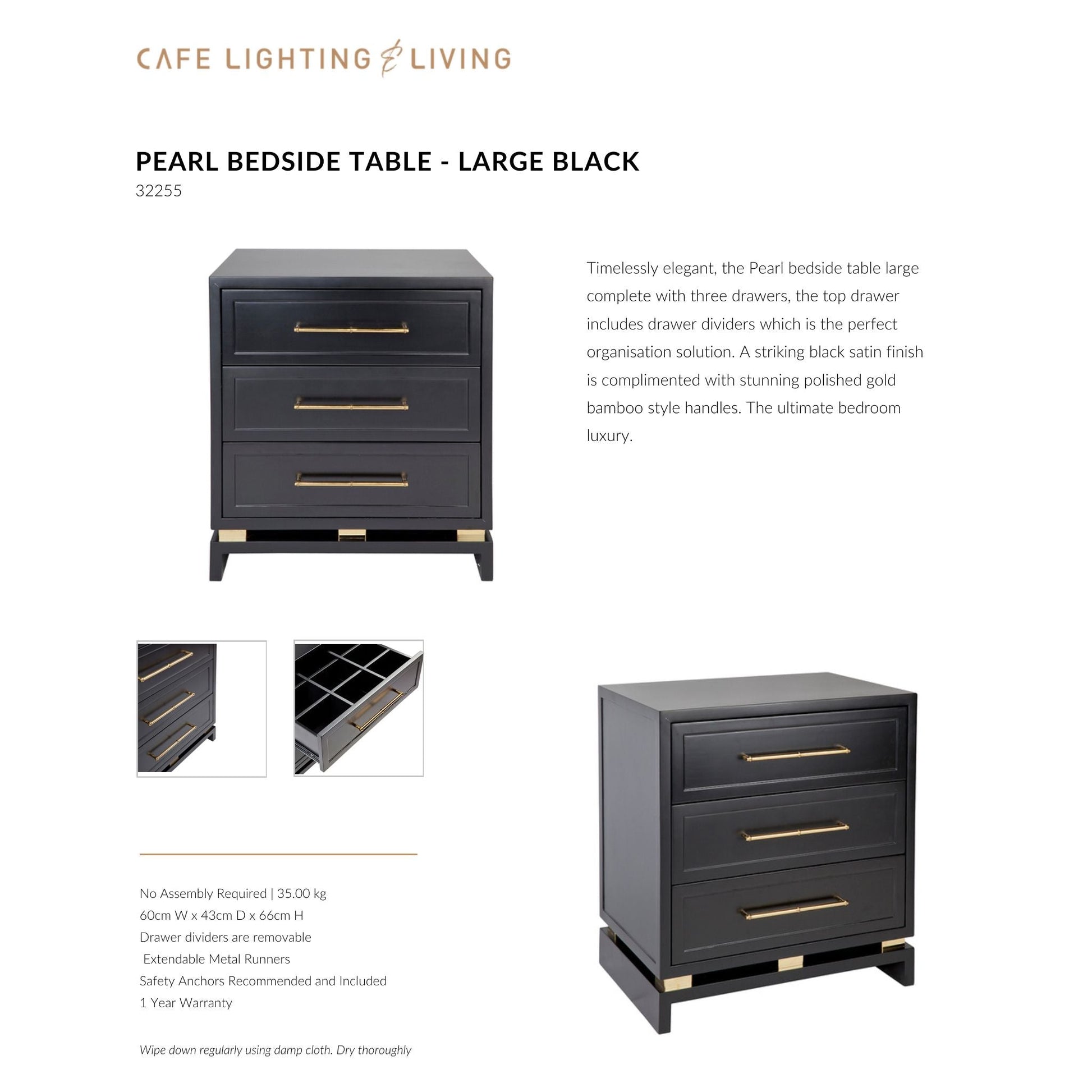 Pearl Large Three Drawer Bedside Table Bedside Table Cafe Lighting & Living