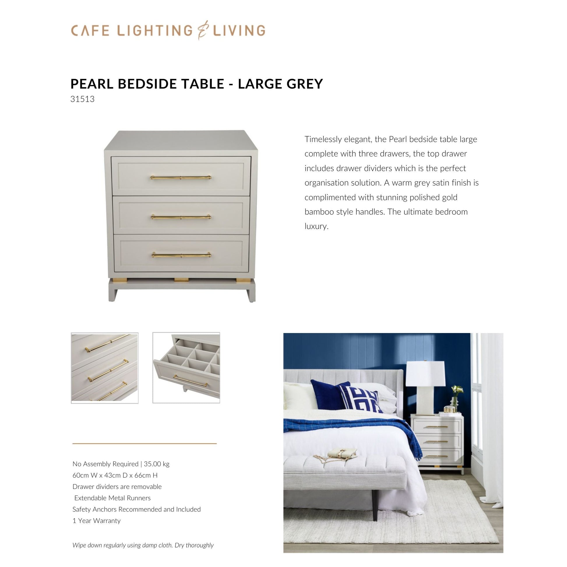 Pearl Large Three Drawer Bedside Table Bedside Table Cafe Lighting & Living