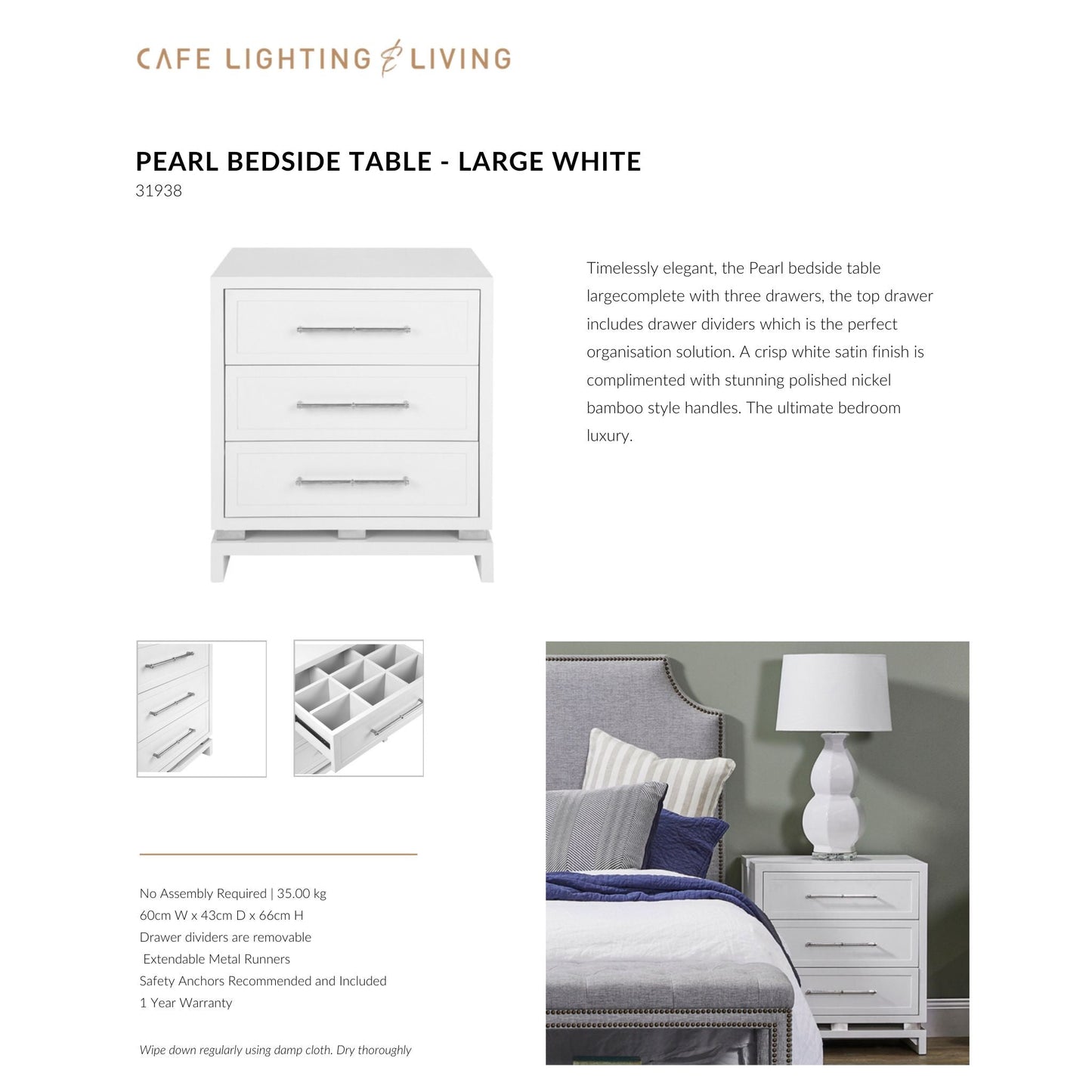 Pearl Large Three Drawer Bedside Table Bedside Table Cafe Lighting & Living