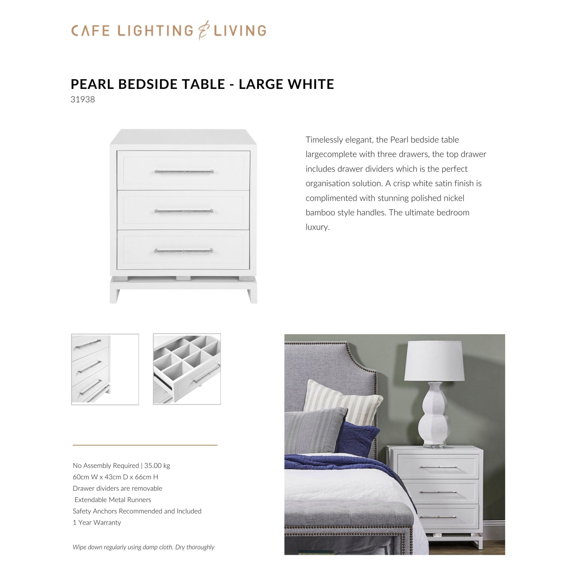 Pearl Large Three Drawer Bedside Table Bedside Table Cafe Lighting & Living