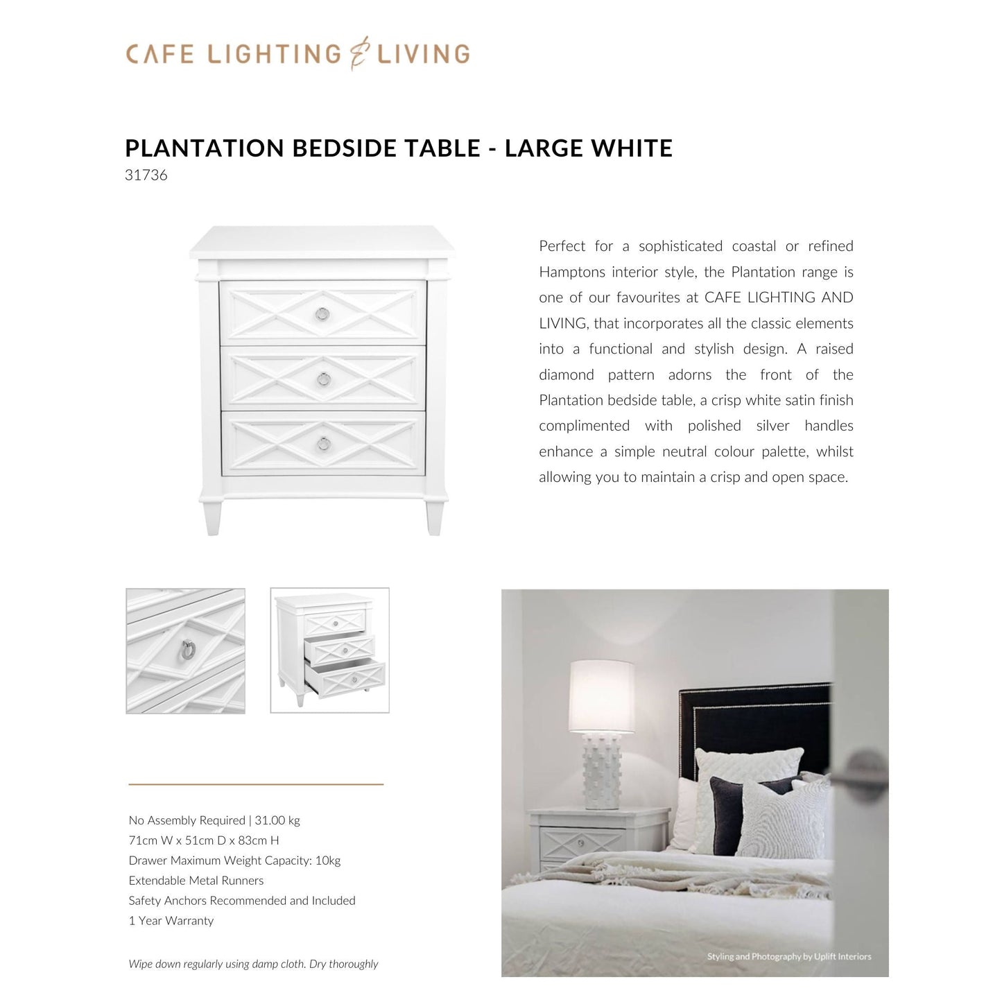 Plantation Large Three Drawer Bedside Table - White Bedside Table Cafe Lighting & Living   