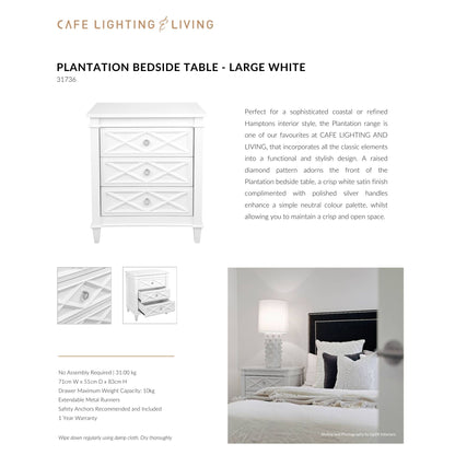 Plantation Large Three Drawer Bedside Table - White Bedside Table Cafe Lighting & Living   