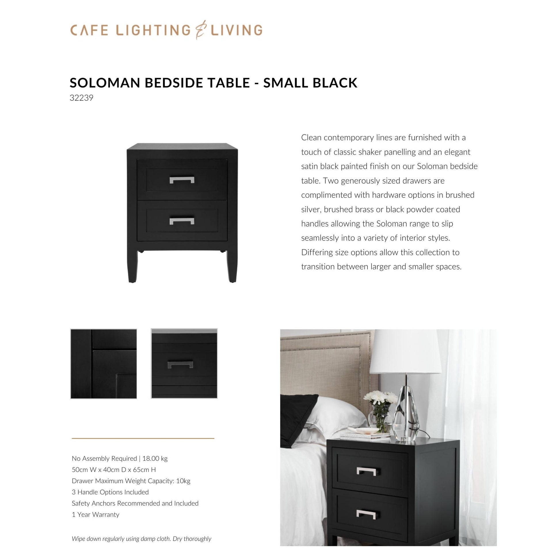 Soloman Small Two Drawer Bedside Table - Black Bedside Table Cafe Lighting & Living   